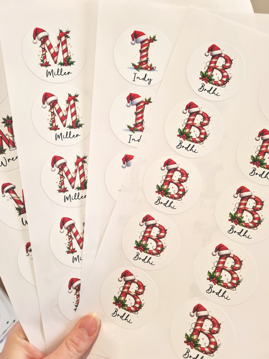 Personalised Letter Candy Cane Christmas Stickers
